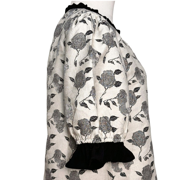 Voy NWT Black White Jacquard Rose Print Puff Sleeve Blouse Small Romantic - Picture 4 of 9